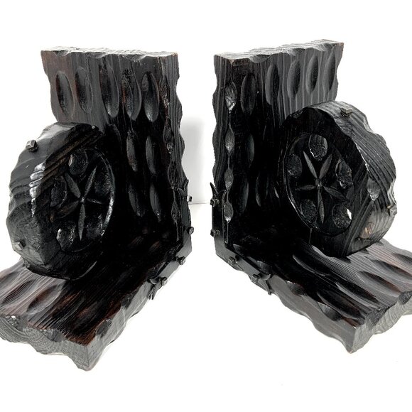 Mid Century Brutalist Style Bookends Industrial Pulley Wood & Iron Made in Spain - Picture 2 of 10